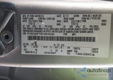 2015 Ford Escape S from USA, damaged, VIN 1FMCU0F70FUB16320